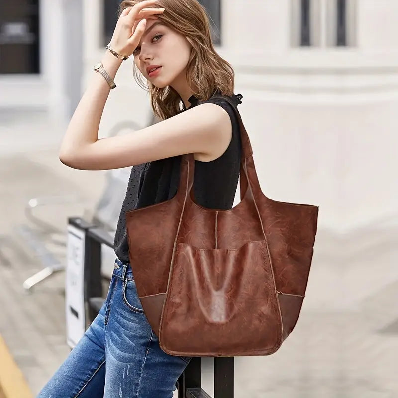 Women PU Leather Handbags Tote Bag Soft Retro Designer Large Capacity 24Hr Smart